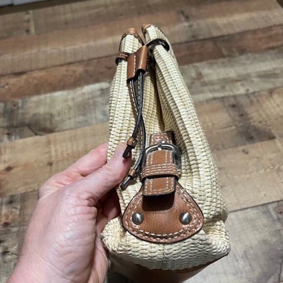 Y2K Fossil Brown Woven Straw Wooden Round Handles Satchel Purse Bag - Picture 5 of 8